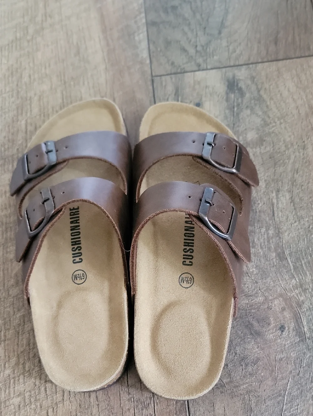 Cushionaire Women’s Brown Double-Buckle Slide Sandals - Picture 1 of 3